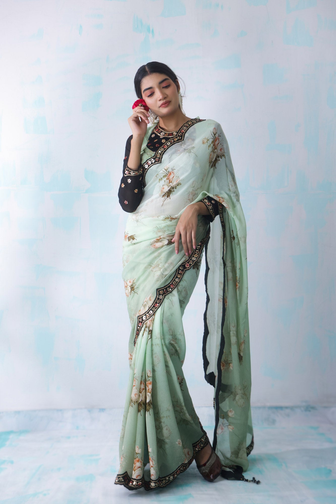 Natalie - Ombre Green Floral Sari with embroidery