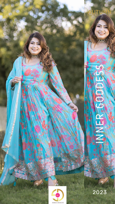 HEENA - Teal Blue Floral Suit Set| Ready To Ship