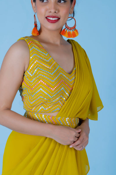 Kashish - Ochre Yellow Pre-draped Saree | Ready To Ship