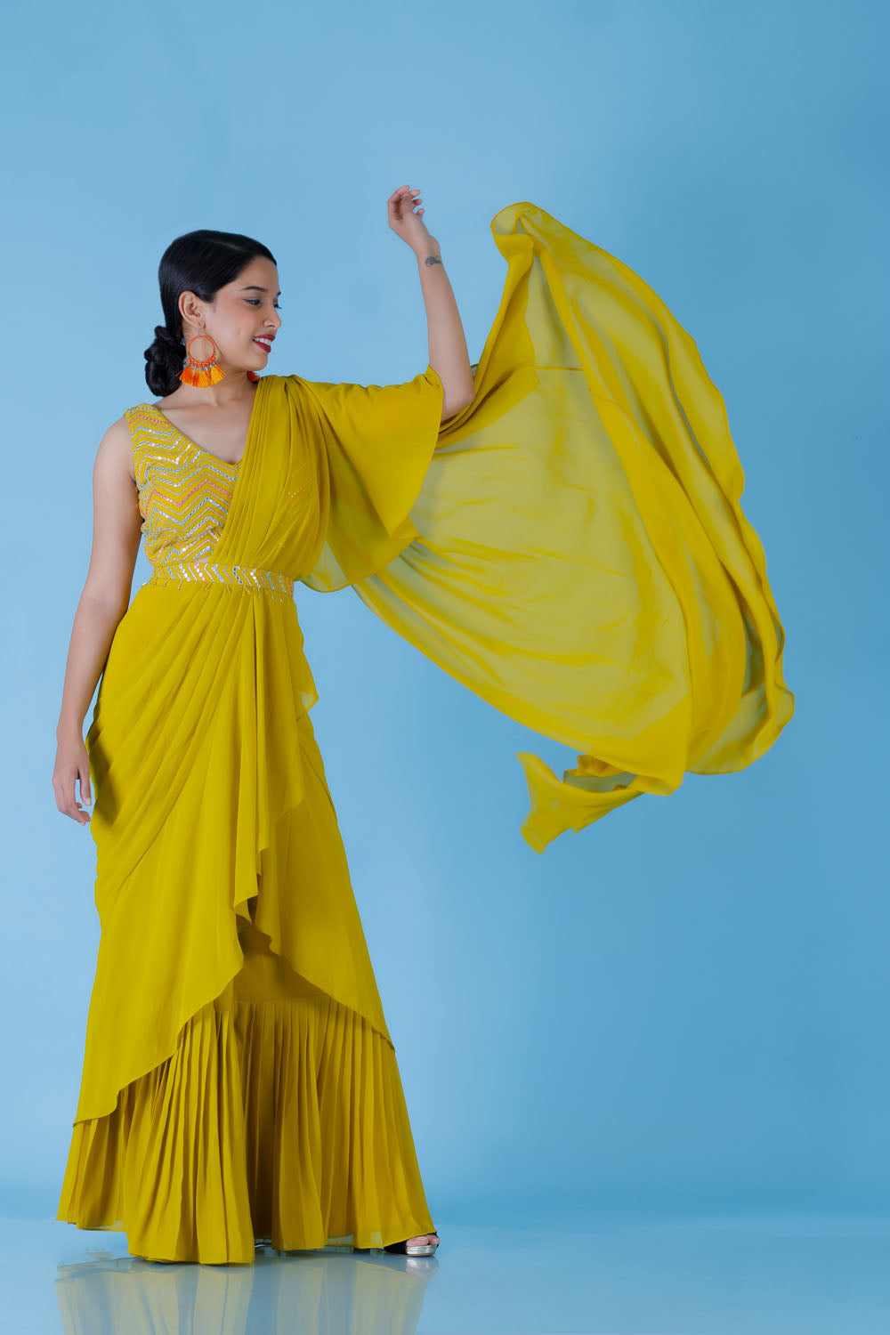 Kashish - Ochre Yellow Pre-draped Saree | Ready To Ship