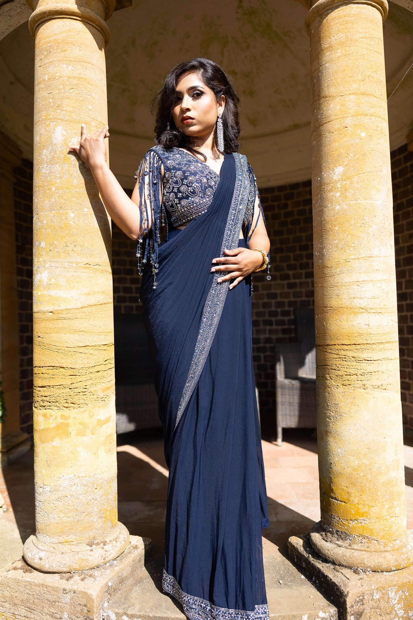 Midnight Elegance Navy Blue Embellished Pre-Draped Saree Set