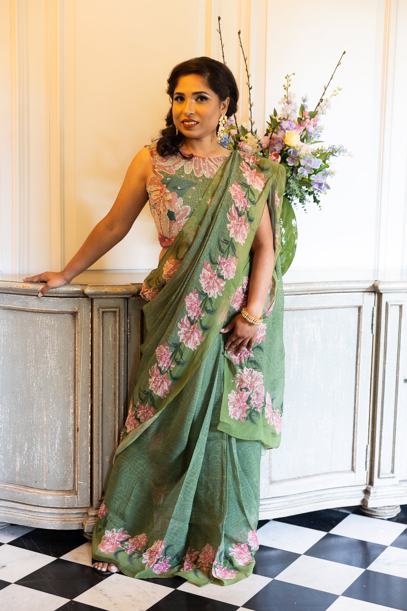 Blossom Grace Green Floral Skirt Saree Set – Elegant Pre-Stitched Designer Saree for Women