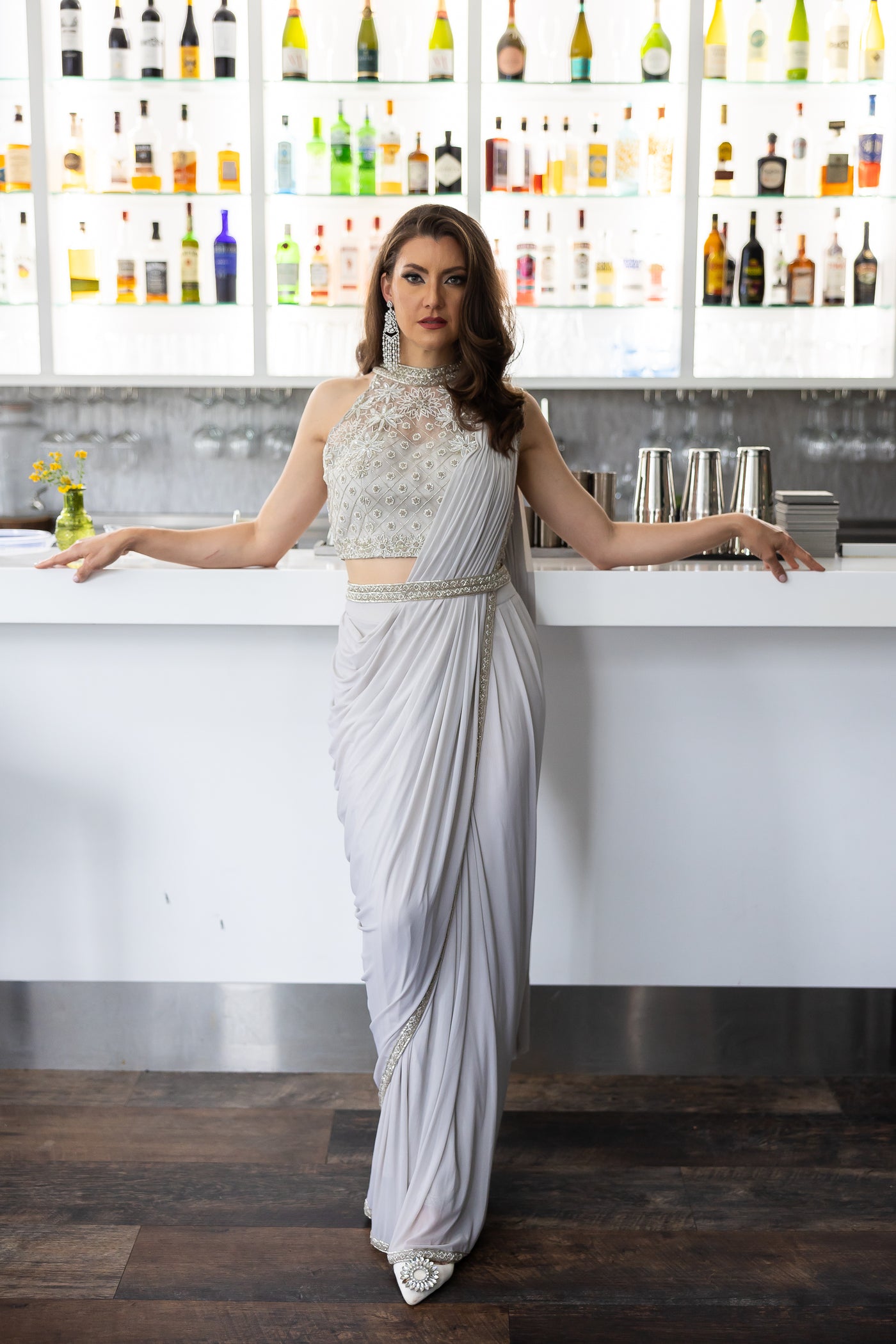Silver Grey Embroidered Pre-Draped Saree Set
