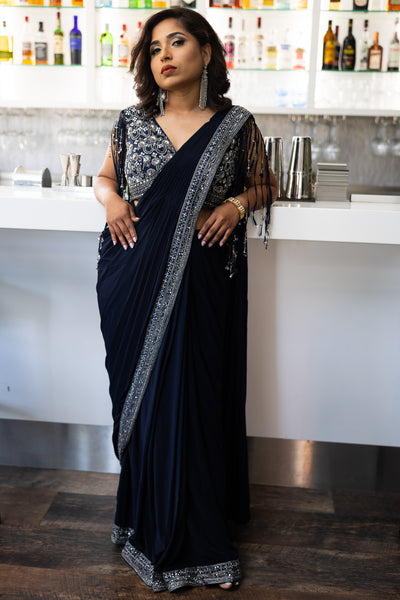 Midnight Elegance Navy Blue Embellished Pre-Draped Saree Set