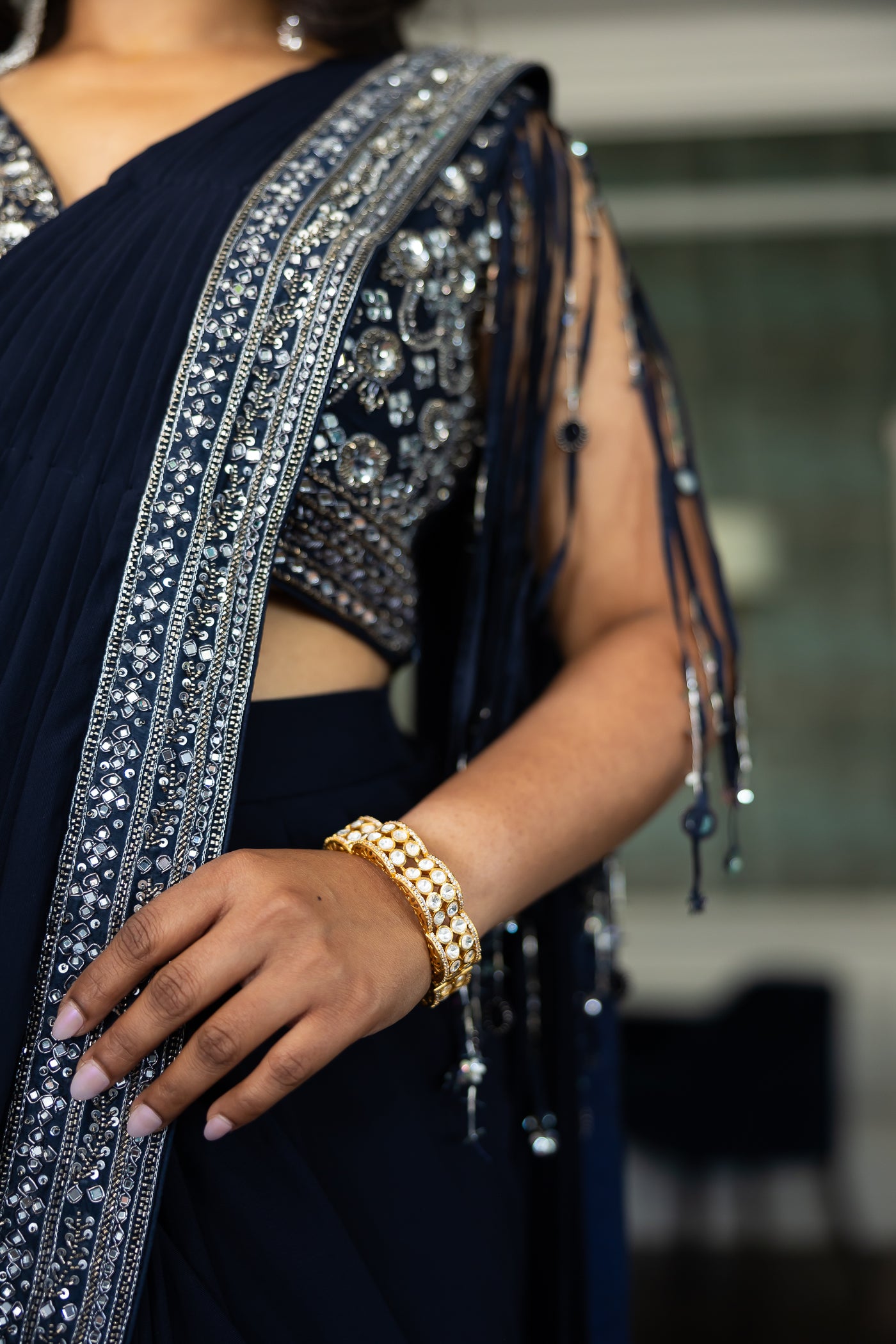 Midnight Elegance Navy Blue Embellished Pre-Draped Saree Set