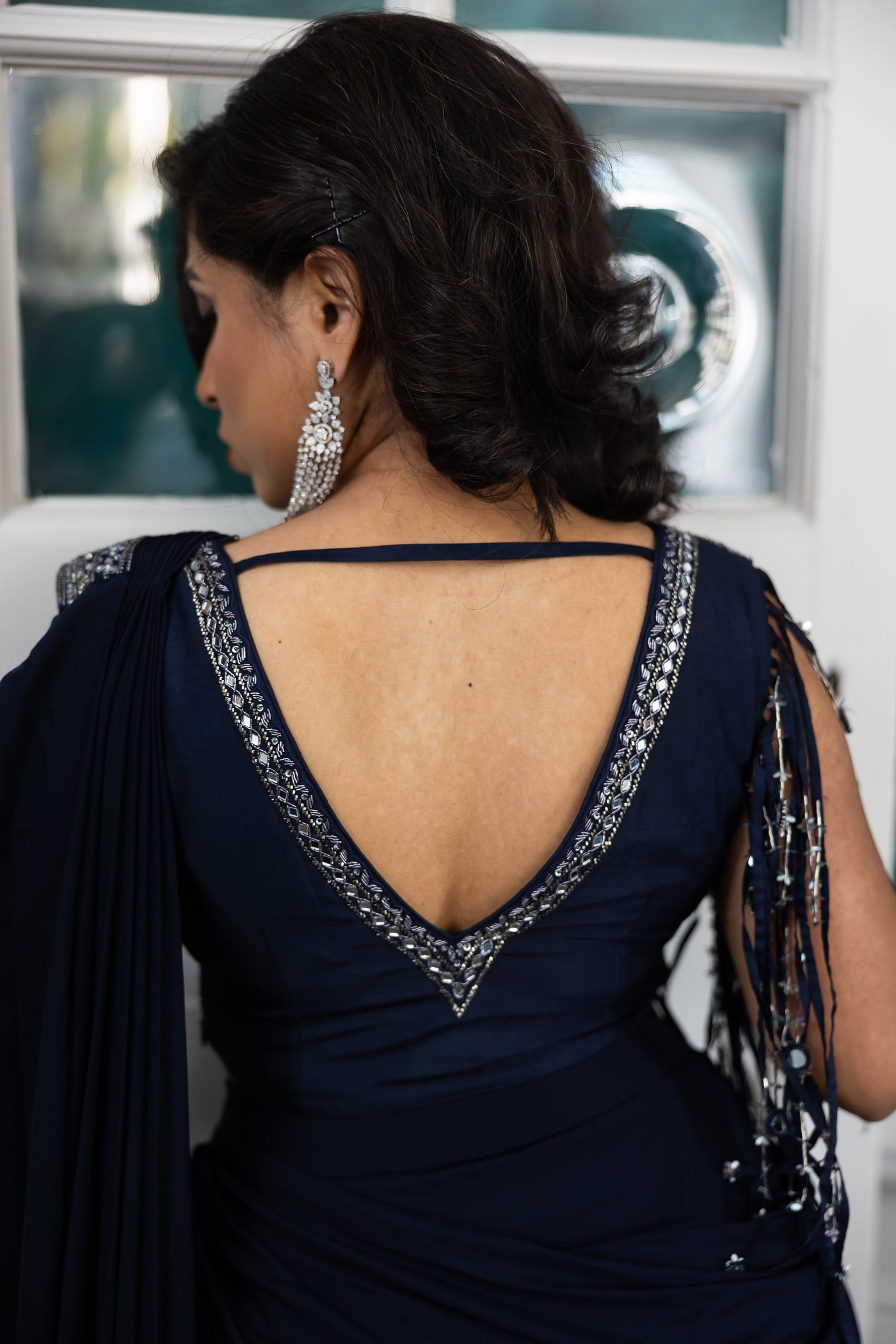 Midnight Elegance Navy Blue Embellished Pre-Draped Saree Set
