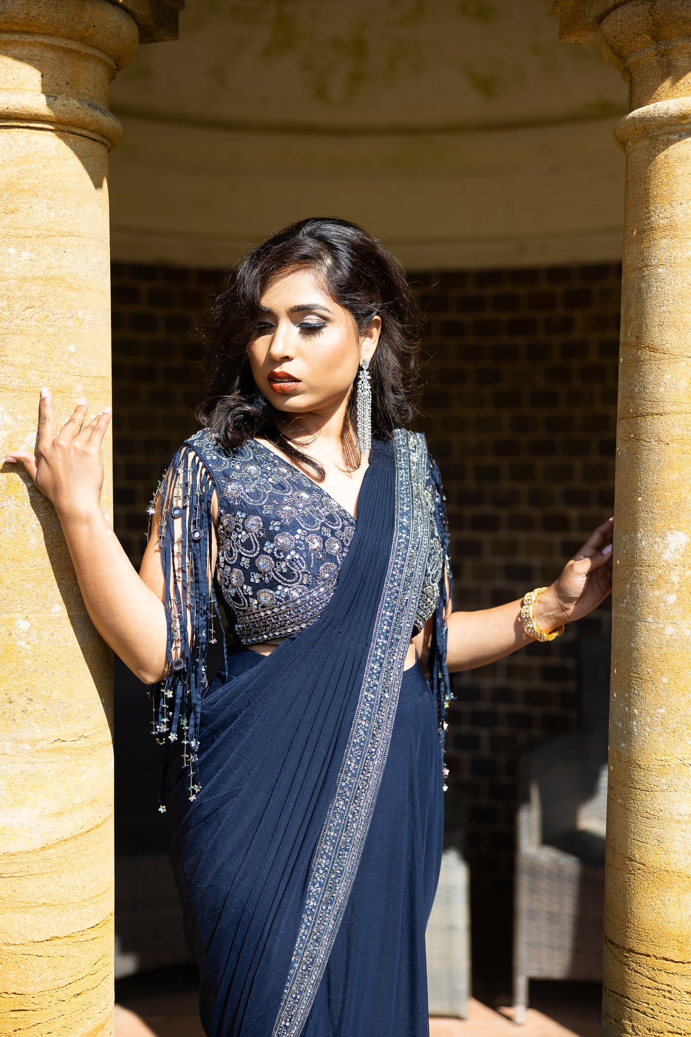 Midnight Elegance Navy Blue Embellished Pre-Draped Saree Set
