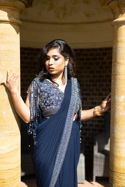 Midnight Elegance Navy Blue Embellished Pre-Draped Saree Set