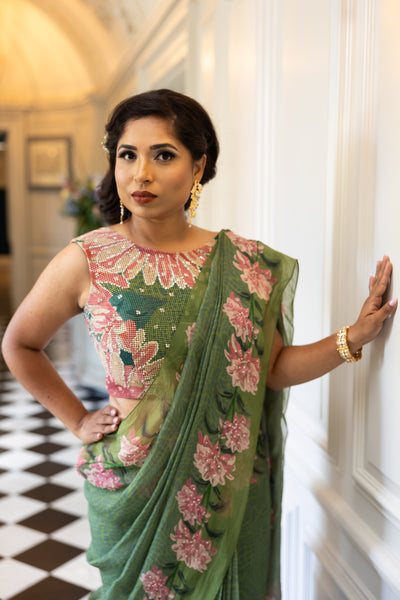 Blossom Grace Green Floral Skirt Saree Set – Elegant Pre-Stitched Designer Saree for Women