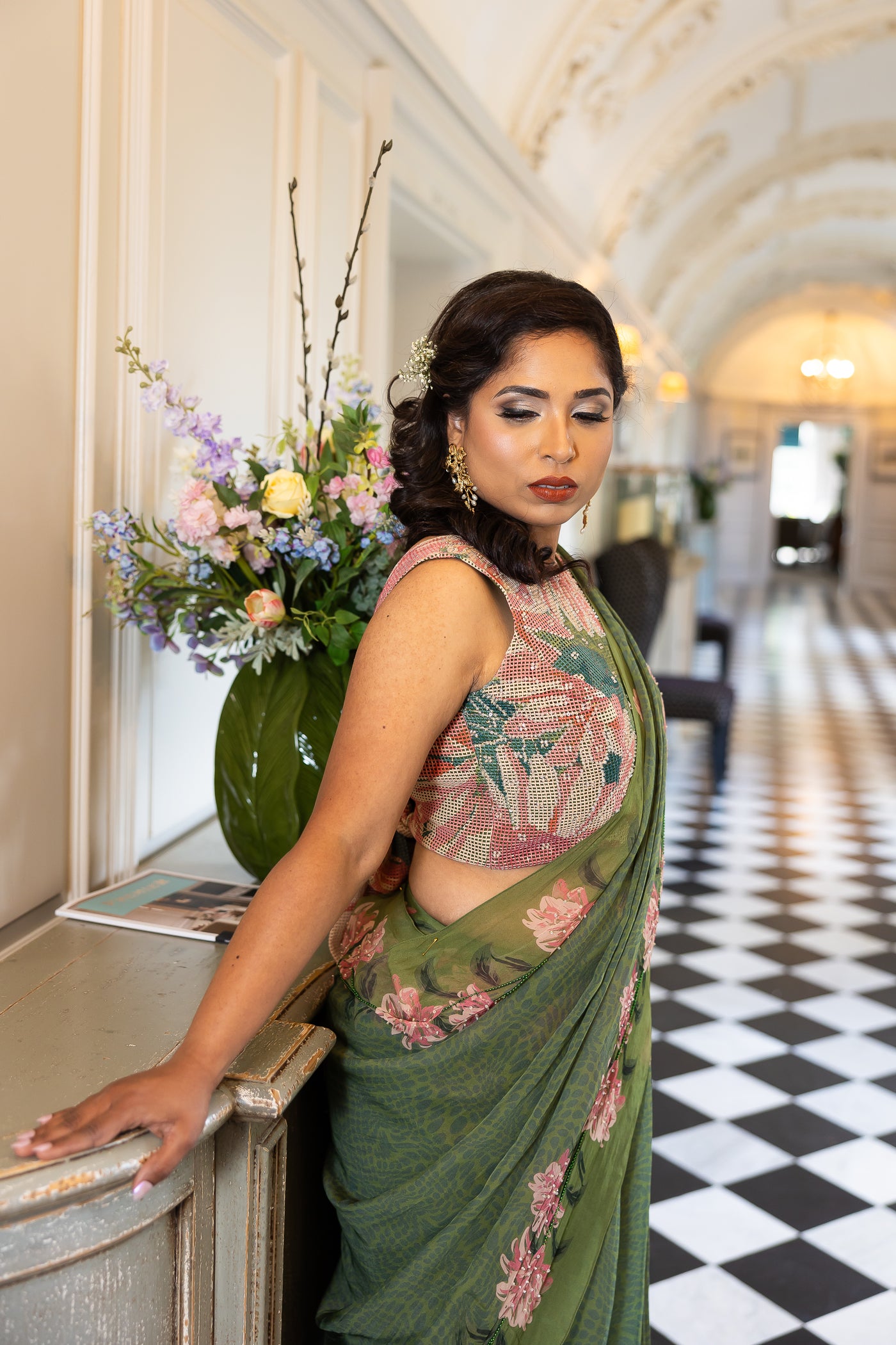 Blossom Grace Green Floral Skirt Saree Set – Elegant Pre-Stitched Designer Saree for Women