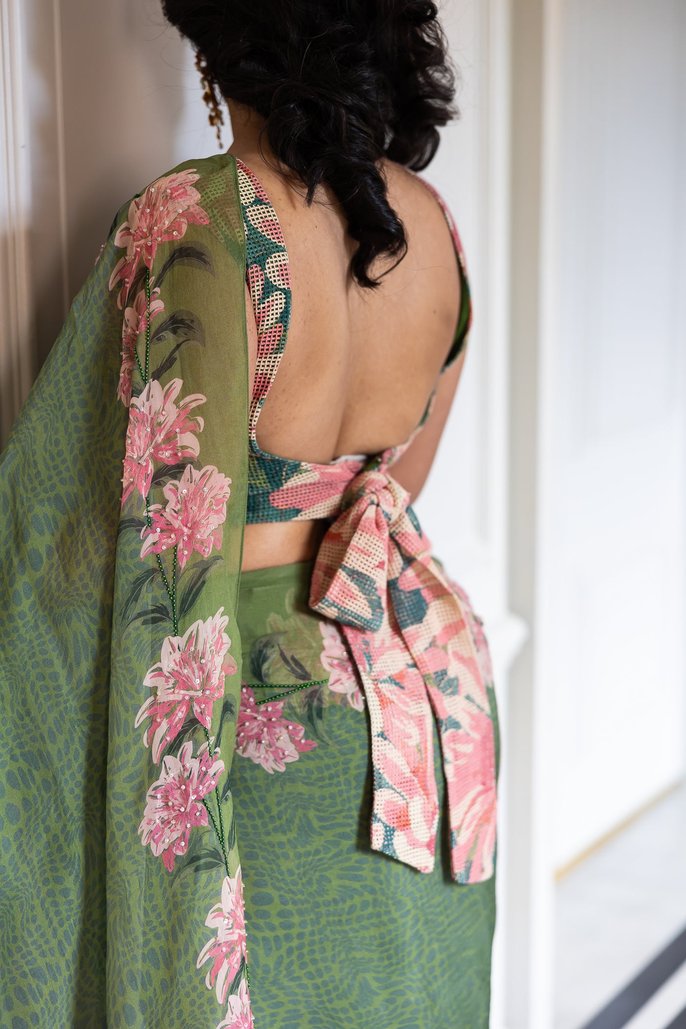 Blossom Grace Green Floral Skirt Saree Set – Elegant Pre-Stitched Designer Saree for Women