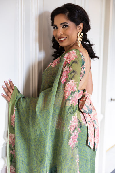 Blossom Grace Green Floral Skirt Saree Set – Elegant Pre-Stitched Designer Saree for Women
