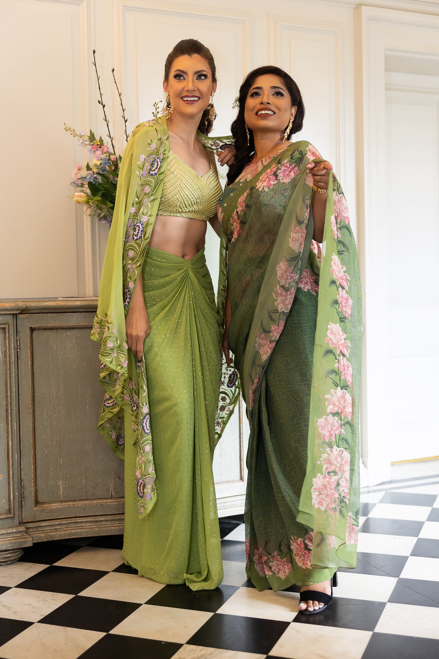Blossom Grace Green Floral Skirt Saree Set – Elegant Pre-Stitched Designer Saree for Women