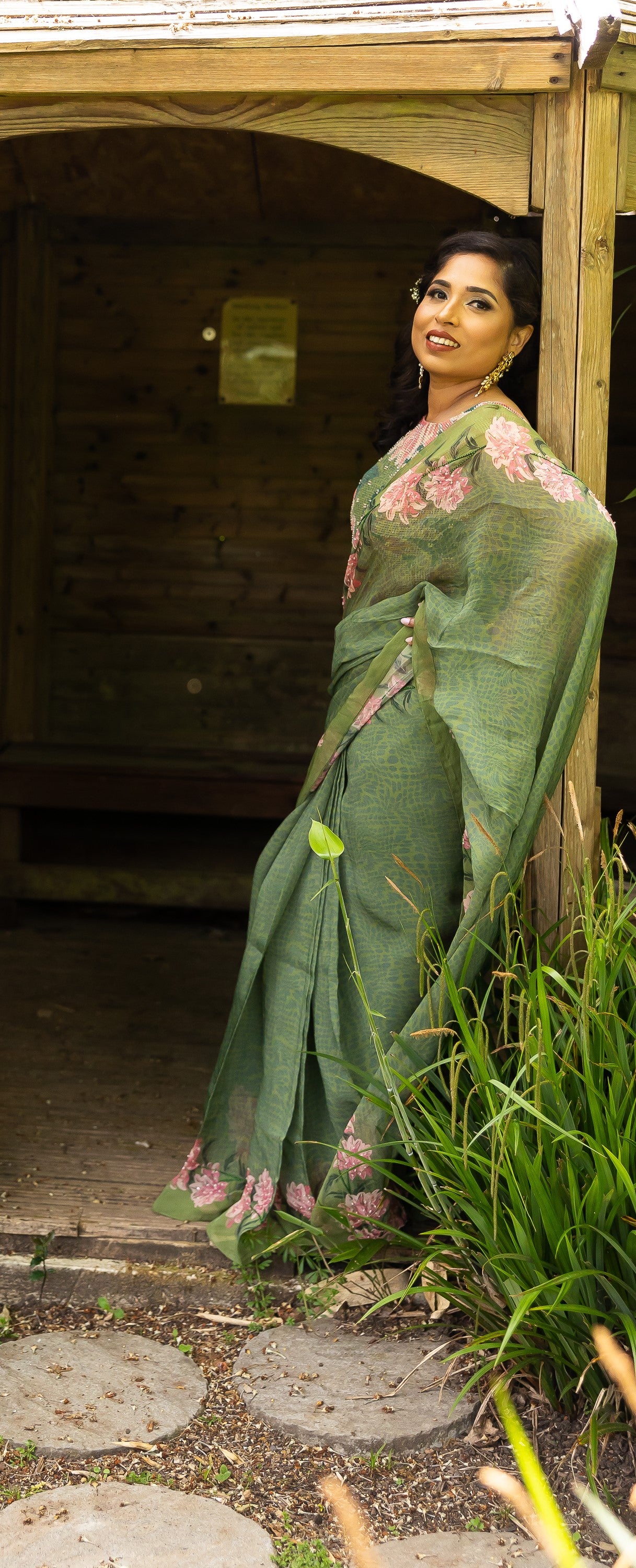 Blossom Grace Green Floral Skirt Saree Set – Elegant Pre-Stitched Designer Saree for Women