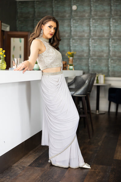 Silver Grey Embroidered Pre-Draped Saree Set