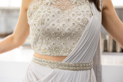 Silver Grey Embroidered Pre-Draped Saree Set