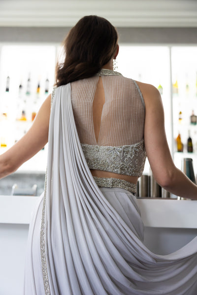Silver Grey Embroidered Pre-Draped Saree Set