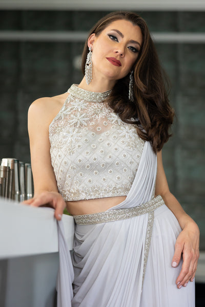 Silver Grey Embroidered Pre-Draped Saree Set