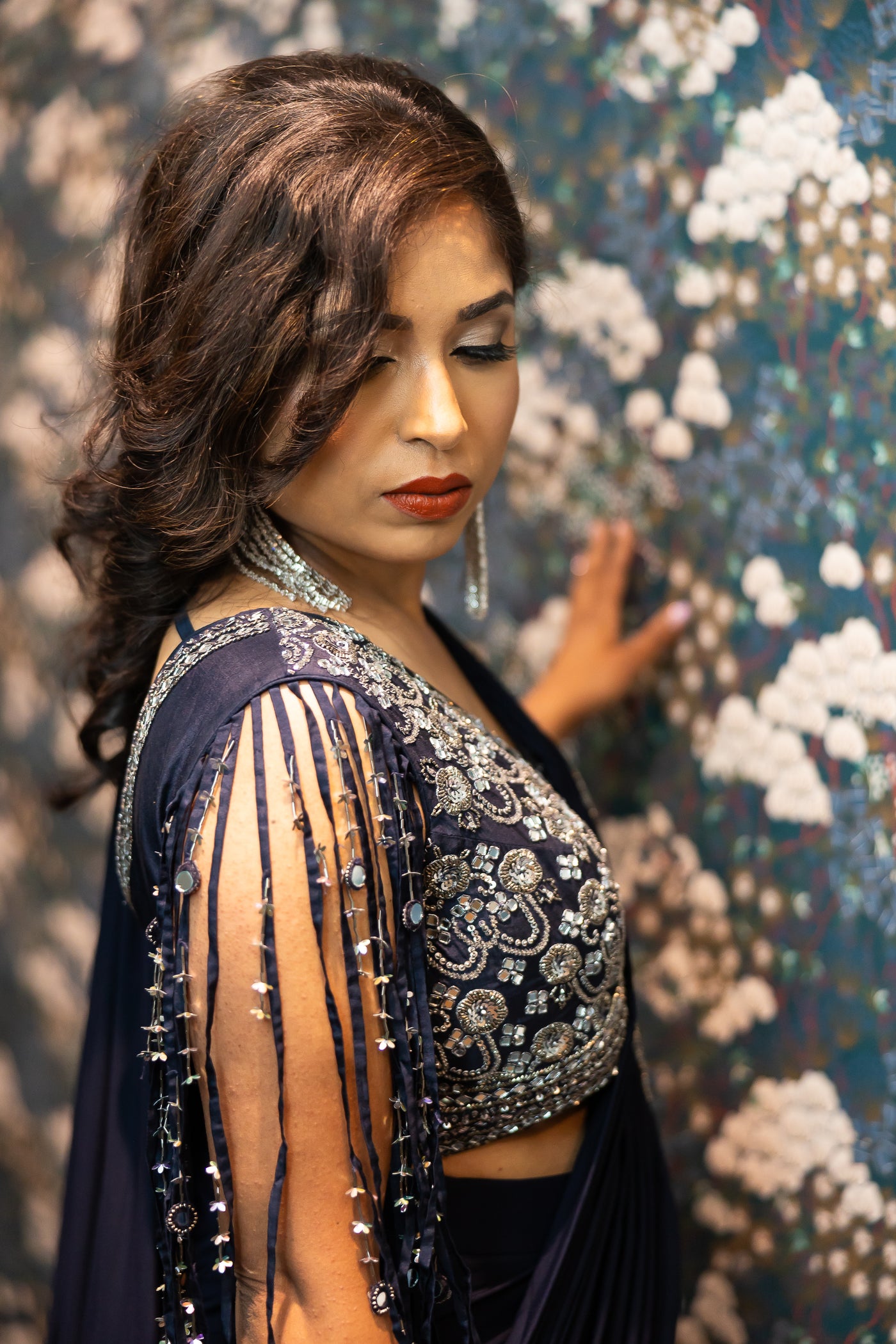 Midnight Elegance Navy Blue Embellished Pre-Draped Saree Set