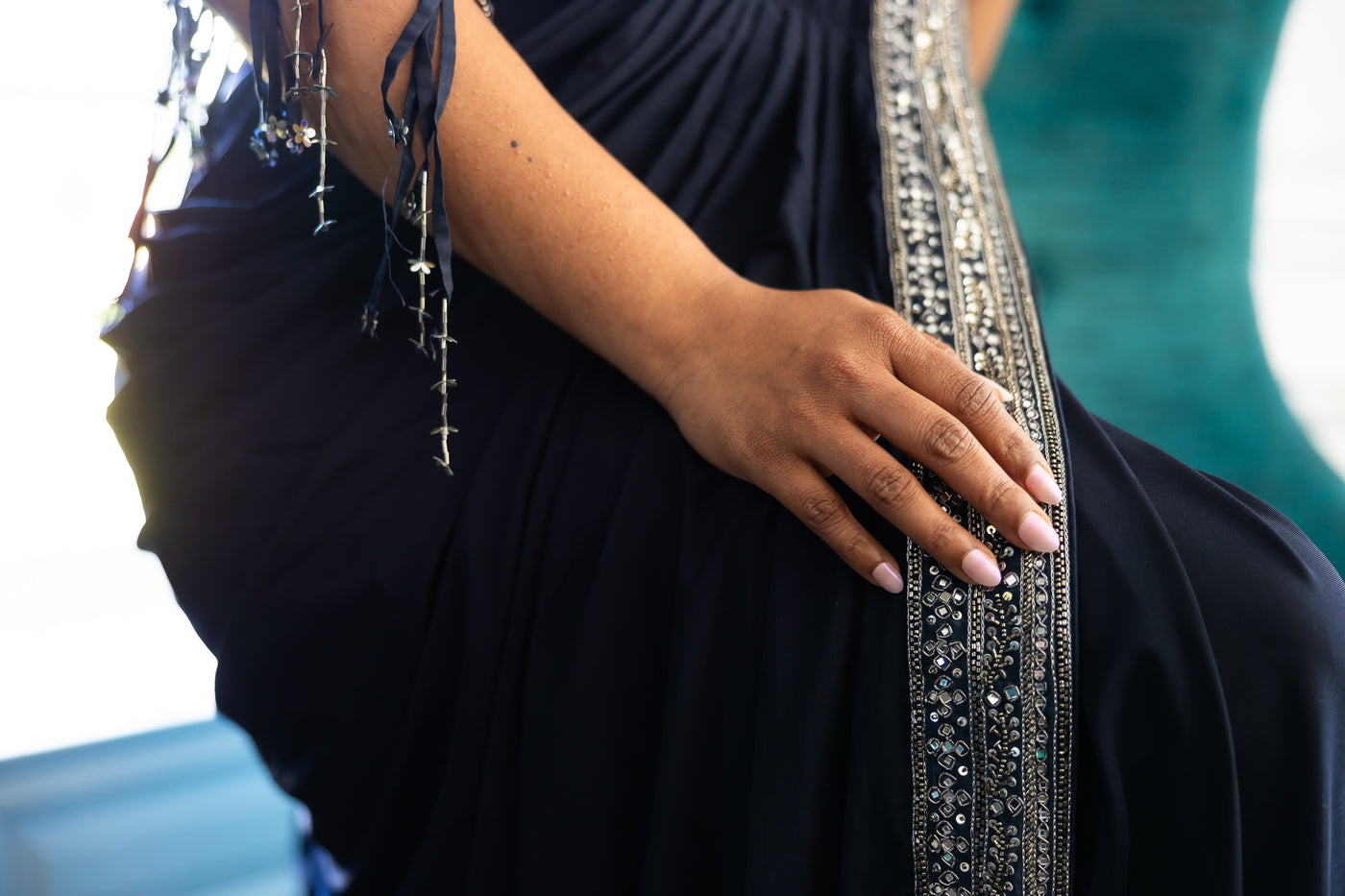 Midnight Elegance Navy Blue Embellished Pre-Draped Saree Set