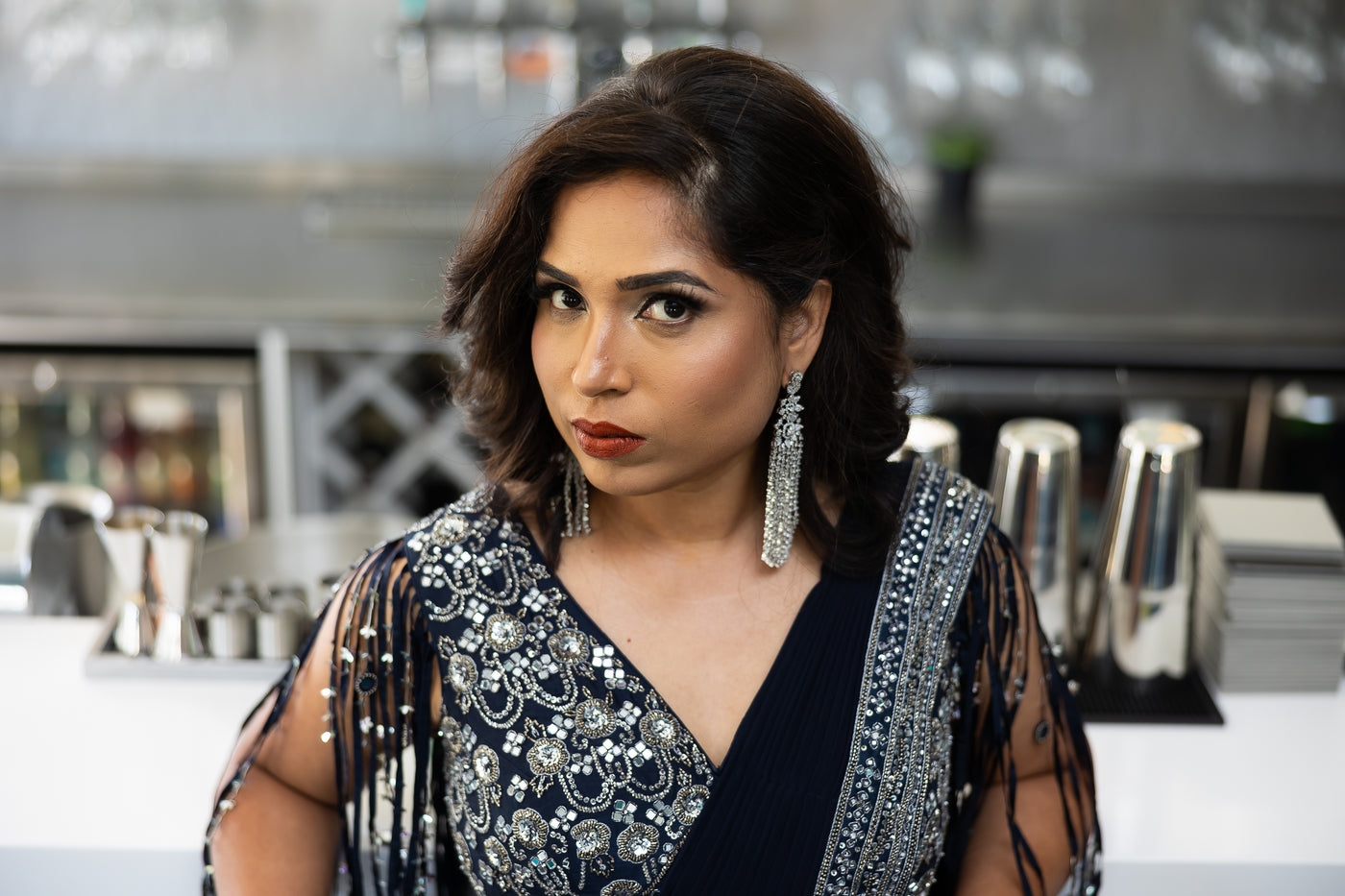 Midnight Elegance Navy Blue Embellished Pre-Draped Saree Set