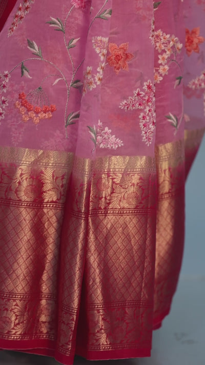 CHAYA - Pink Embroidered Organza Silk Saree