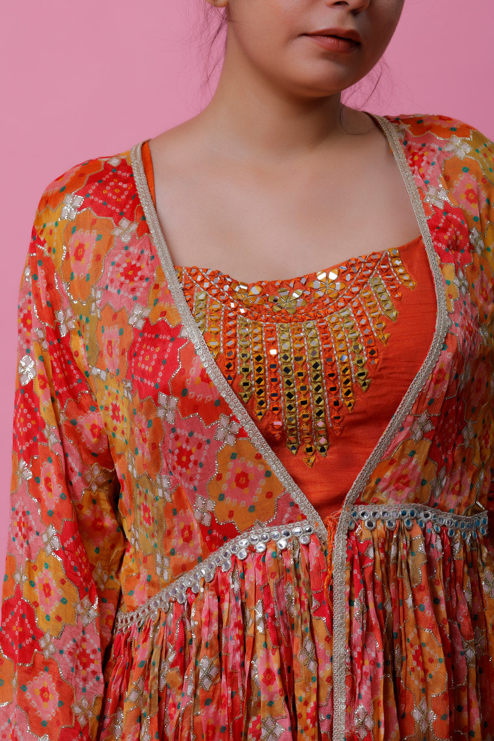 ANIKA- Orange Printed Peplum Cape Sharara Dress
