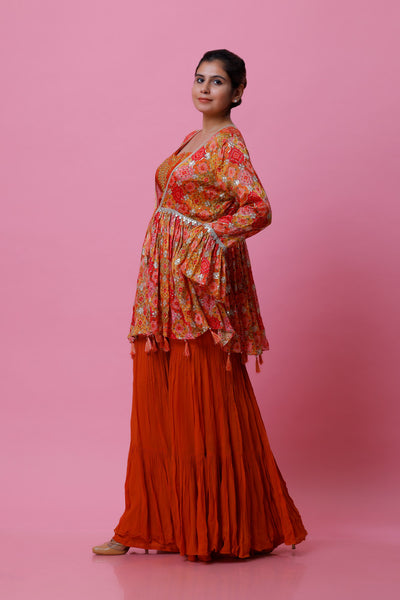 ANIKA- Orange Printed Peplum Cape Sharara Dress