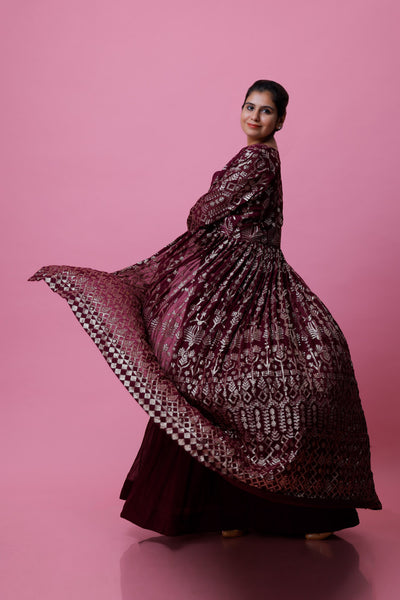 RAVIKA - Burgundy Anarkali Gown with Cape
