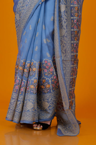 FALGUNI - Blue Embroidered Organza Silk Saree