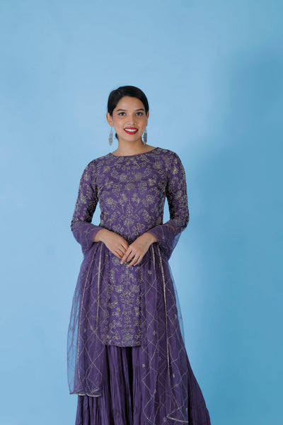 SHIVANI - Purple Embroidered Sharara Suit Dress Set