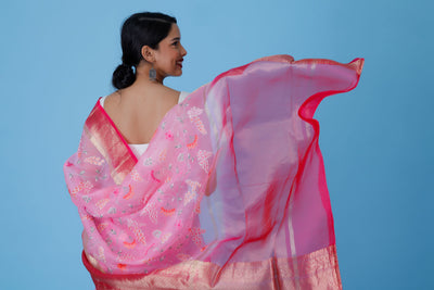CHAYA - Pink Embroidered Organza Silk Saree