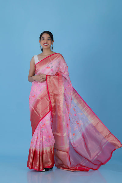 CHAYA - Pink Embroidered Organza Silk Saree
