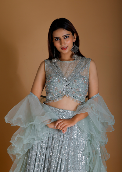 ZAMIHA - Celestial Blue Sequin Lehenga Set