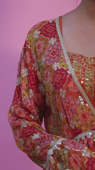 ANIKA- Orange Printed Peplum Cape Sharara Dress