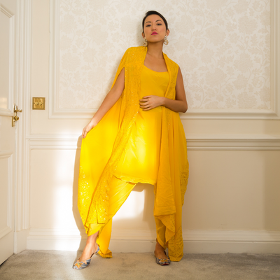 ARIANA - Mango Yellow Dhoti Dress Set with Cape